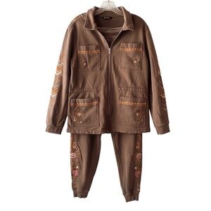 Laura Embroidered Full Zip Long Sleeve Brown Utility Jacket & Matching Pants L